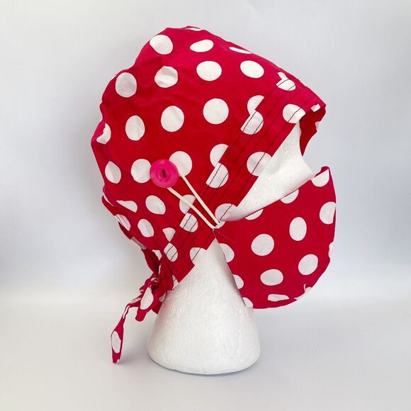 Unisex Surgical Scrub Hat With Matching Mask Red Polka Dots - Picture 5 of 12